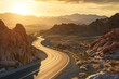 A long, dusty road cuts through the rugged desert landscape under a clear blue sky, A highway snaking through a rocky desert scape at sunset, AI Generated