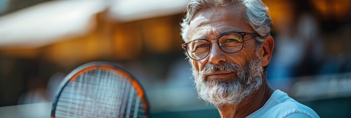 Wall Mural - An elderly man, playing sports, wears a satisfied smile, radiating wisdom and tranquility