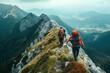 Two individuals actively making their way up the steep terrain of a mountain during a hike, A hiker pulling their friend up a steep mountain slope, AI Generated