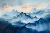 Fototapeta Na sufit - The mountains are blue and the sky is orange