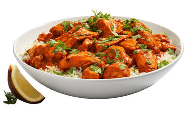 Wall Mural - A white bowl holds a generous serving of chicken and rice paired with a vibrant slice of lemon