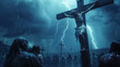 Lightning strikes the cross on which Jesus Christ was crucified. A dramatic depiction of a biblical story. AI Generative