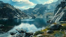 A Remote Mountain Lake Surrounded By Rocky Cliffs, Captured In Vivid 4K HDR For Maximum Detail.