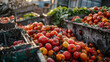 Tomatoes stacked on a table, fresh produce in a city market