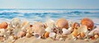 An array of sea shells scattered on the sandy beach, framed by the vast ocean and clear sky on the horizon. A beautiful natural coastal landscape, perfect for art inspiration and peaceful travel