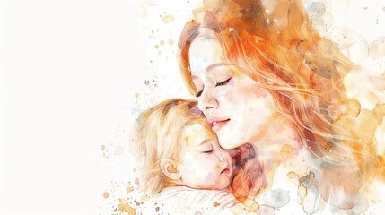 Wall Mural - Watercolor illustration of a young mother tenderly hugging her newborn baby