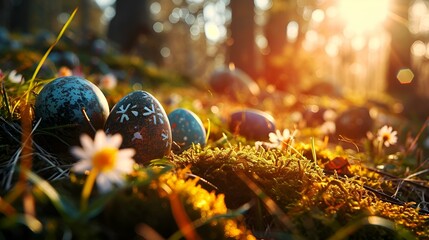 Wall Mural - A group of eggs sitting on top of a pile of grass
