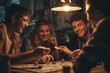 A group of friends gather around a table, engaging in a game of Monopoly. They laugh, strategize, and concentrate on the board and pieces