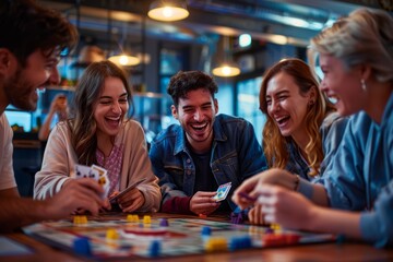 A group of friends engrossed in a game of Monopoly, laughing and strategizing as they enjoy a fun game night together