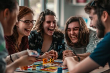 Wall Mural - Friends engaged in a lively game of Monopoly, laughing and strategizing around the board with colorful playing pieces and money