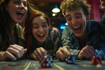 a close-up shot of players rolling dice during a game of monopoly. young adults are focused on the g