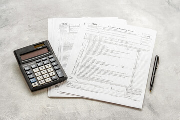 Wall Mural - Tax forms 2024 with the calculator. Income Statement. Paying the tax rate