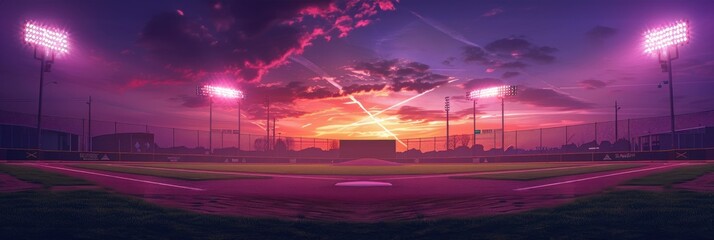 Sticker - Sunset over an empty baseball playing field - A wide-angle shot capturing the empty baseball field with dramatic sunset and stadium lights