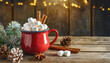 Hot chocolate with marshmallows on a rustic table with copy space.
