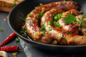 Fried sausages with garlic and herbs in a pan, fried sausages in a pan closeup, sausages closeup in the pan, sausages closeup