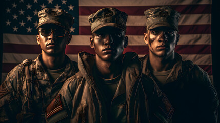 Wall Mural - military soldiers in front of an american flag