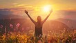 Happy young woman standing in a meadow with their hands up sunset from rear view. AI generated