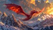Powerful red dragon glides over a mountainous winter landscape, a scene capturing the essence of fantasy