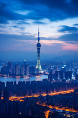  Splendid Evening Silhouette of Guangzhou (GZ) City Skyline Including the Iconic Canton Tower