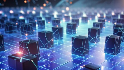 A variety of blue cubes, in different sizes, neatly placed on a wooden table, Global network connection is depicted in a futuristic technology background, rendered in 3D, AI Generated