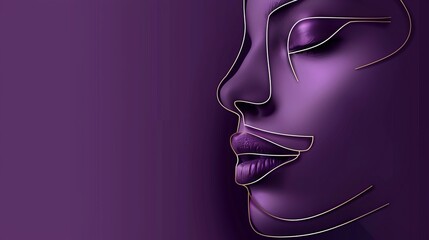 Wall Mural -   A woman's face, close-up, with purple and gold lines on it against a purple background