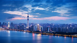 Fototapeta  - Splendid Evening Silhouette of Guangzhou (GZ) City Skyline Including the Iconic Canton Tower
