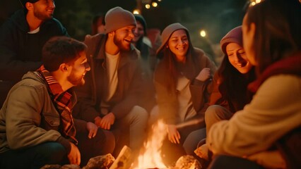 Sticker - A joyful group of friends sits together around a warm campfire, sharing laughter and creating memories, Joyous group of millennials laughing and bonding around a campfire, AI Generated