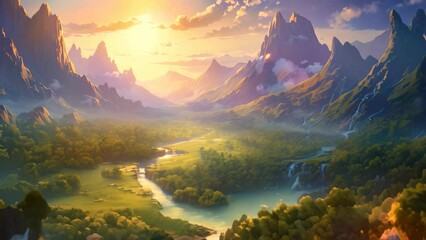 Poster - A captivating painting of a serene mountain valley with a river beautifully flowing through it., Mountain valley during sundown, showcasing a beautiful natural landscape in the summer, AI Generated