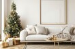 Minimalist living room with a white sofa, beige carpet and wooden floor. Christmas tree decorated in the style of gold