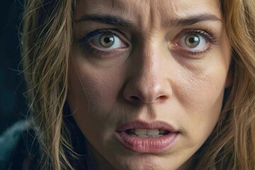 Poster - A woman with her eyes wide open and a surprised expression on her face and fear. Domestic violence concept