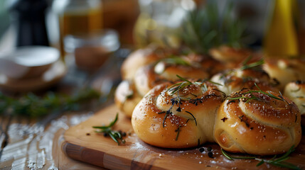 Wall Mural - Homemade baked rosemary rolls on baking parchment close up