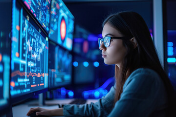 Girl programming at data center for software development a writing data code AI Generation