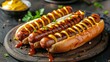 Three Hot Dogs With Mustard and Ketchup on Cutting Board
