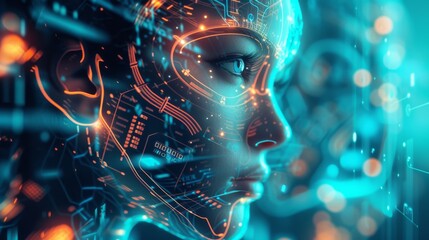 Wall Mural - Artificial intelligence cyborg woman face with circuit board background