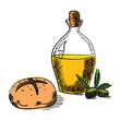Hand drawn vector bottle of olive oil and a baked bread