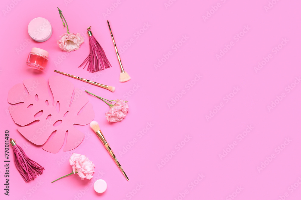 Composition with stylish female accessories, cosmetics and flowers on pink background
