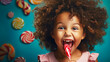 © yana136 - portrait of a cute funny surprised curly girl against the background of a lot of candies in the store. happy childhood of a child
