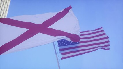 Wall Mural - Alabama and American Flag waving in sky. Flag of state Alabama