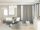 Fototapeta  - Jasny nowoczesny pokój salon z elegancką sofą, poduszkami i zasłonami na oknie z nowoczesnym żyrandolem