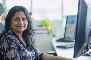 Portrait of a middle aged female IT specialist at her desk in modern office