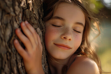 Wall Mural - A girl is hugging a tree trunk and smiling