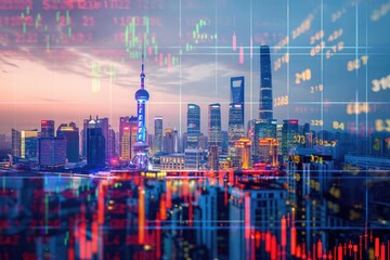 shanghai china business skyline with stock exchange trading chart double exposure, asia trading stoc