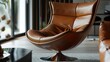 A detailed view of a designer lounge chair, featuring ergonomic curves, premium leather upholstery, and a swivel base, offering both comfort and style in a modern living space.