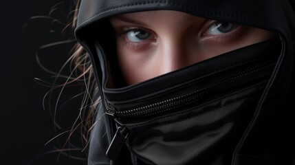 Sticker - A close-up a face woman in zip-up clothing, eyes boldly staring. black backdrop. Girl in balaclava. Clothes advertising