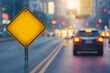 © SKIMP Art - Yellow blank road sign on blurred background of car driving in traffic Generative AI