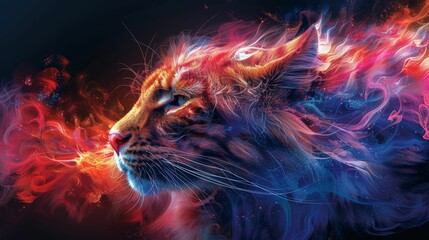 A colorful tiger with a fiery mane and a blue and red tail