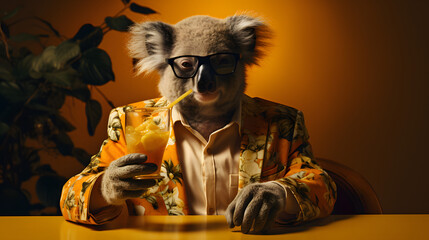 Wall Mural - a koala bear wearing a Hawaiian shirt of suit and glasses showing a piece of orange juice