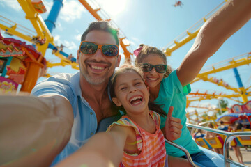 Wall Mural - A family of three is riding a roller coaster at a theme park