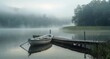 Foggy rural morning by a lake, with a solitary boat tied to a dock, the still waters mirroring the shrouded landscape.