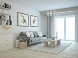 Fototapeta  - Jasny nowoczesny pokój salon z wygodną sofą, poduszkami i zasłonami na oknie tarasowym